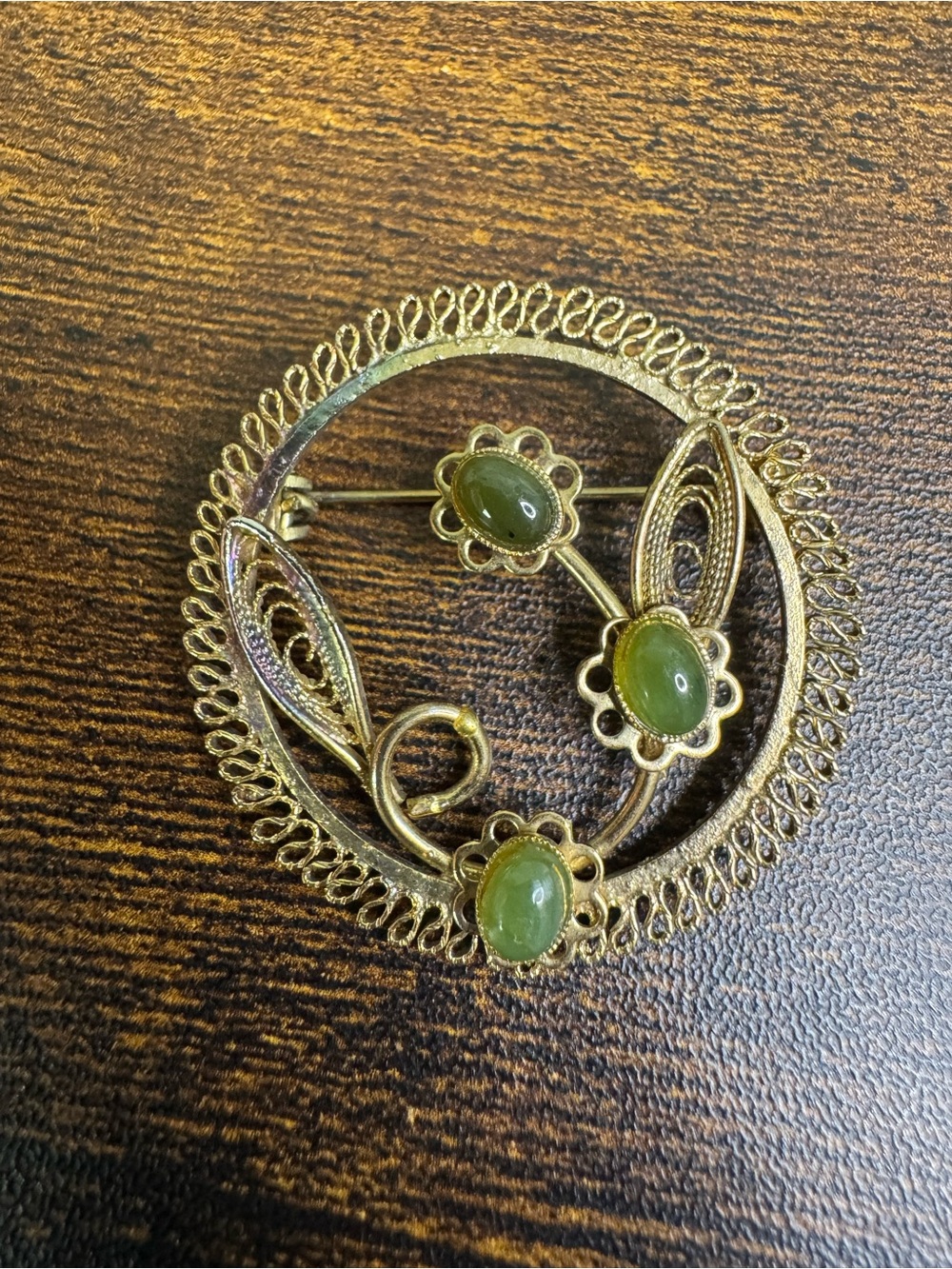 Gold-Tone Brooch with Jade Green Cabochons